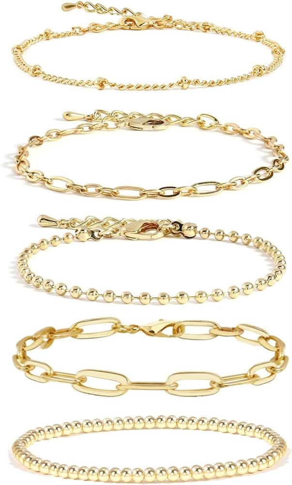 CONRAN KREMIX Gold Bracelet Sets for Women Girls 14K Real Gold Chain Dainty Link Paperclip Bracel... | Amazon (US)