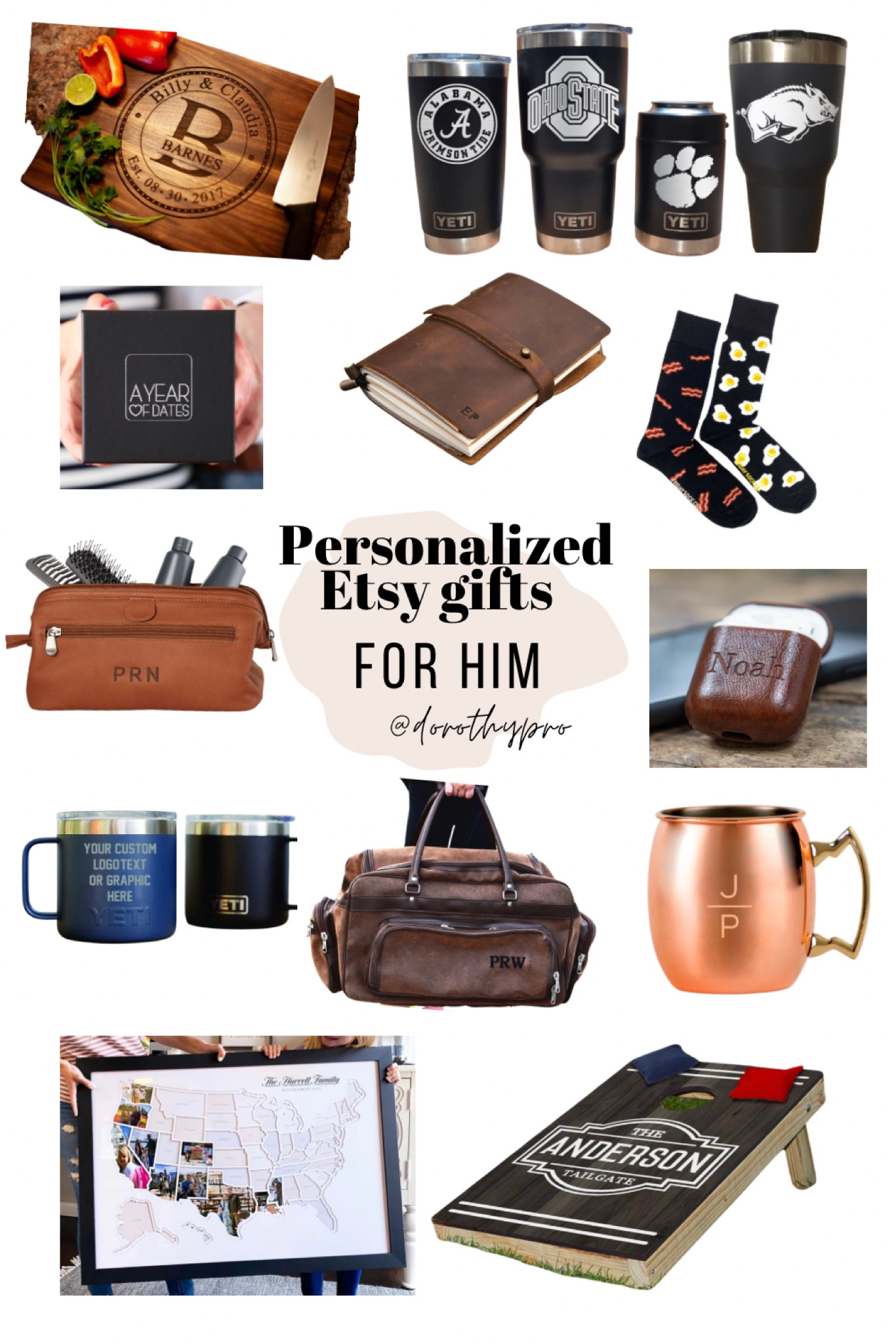Men’s gift ideas. Gift guide for him! Lots of awesome personalized gifts from Etsy! Custom initial gifts. 
Engraved cutting board
Personalized yeti
Date idea box
fun socks
Dopp kit
Ear buds case
Leather weekender bag
Moscow mule copper mug
Adventure picture map
Yard games 

#LTKHoliday #LTKmens #LTKGiftGuide