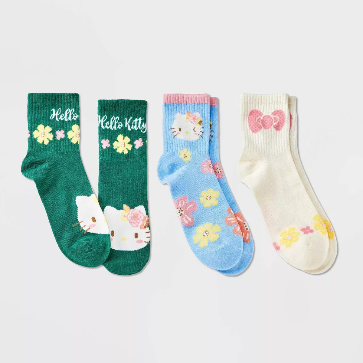Girls' Hello Kitty 3pk Mid Crew Socks - Blue Cream Green S/M | Target