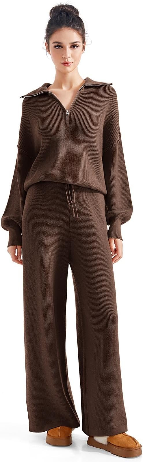 SUUKSESS Women 2 Piece Lounge Sets Oversized Quarter Zip Pullover Wide Leg Pants | Amazon (US)