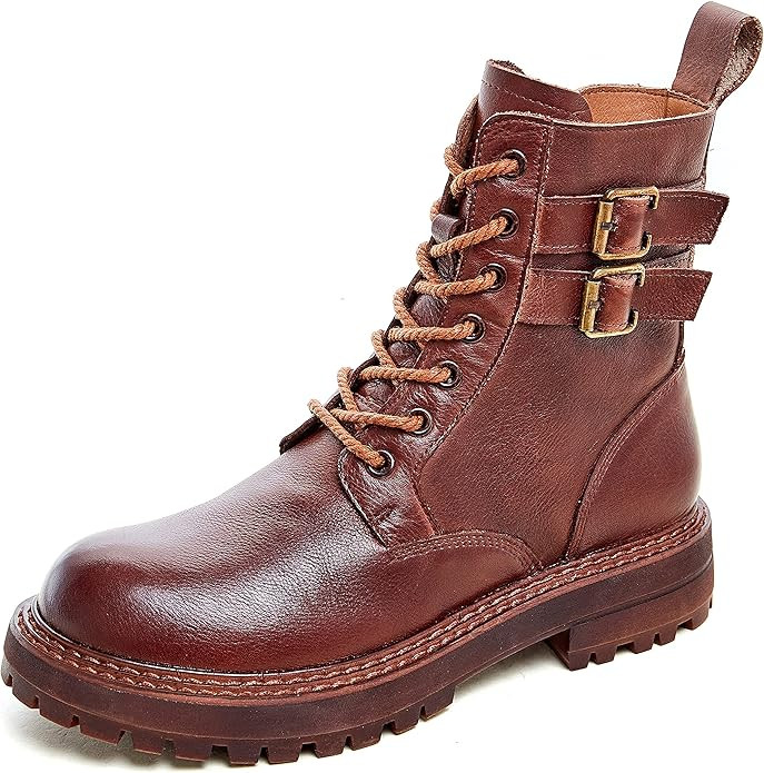 Leather Ankle Boots for Women Lace Up Booties Low Heel | Amazon (US)