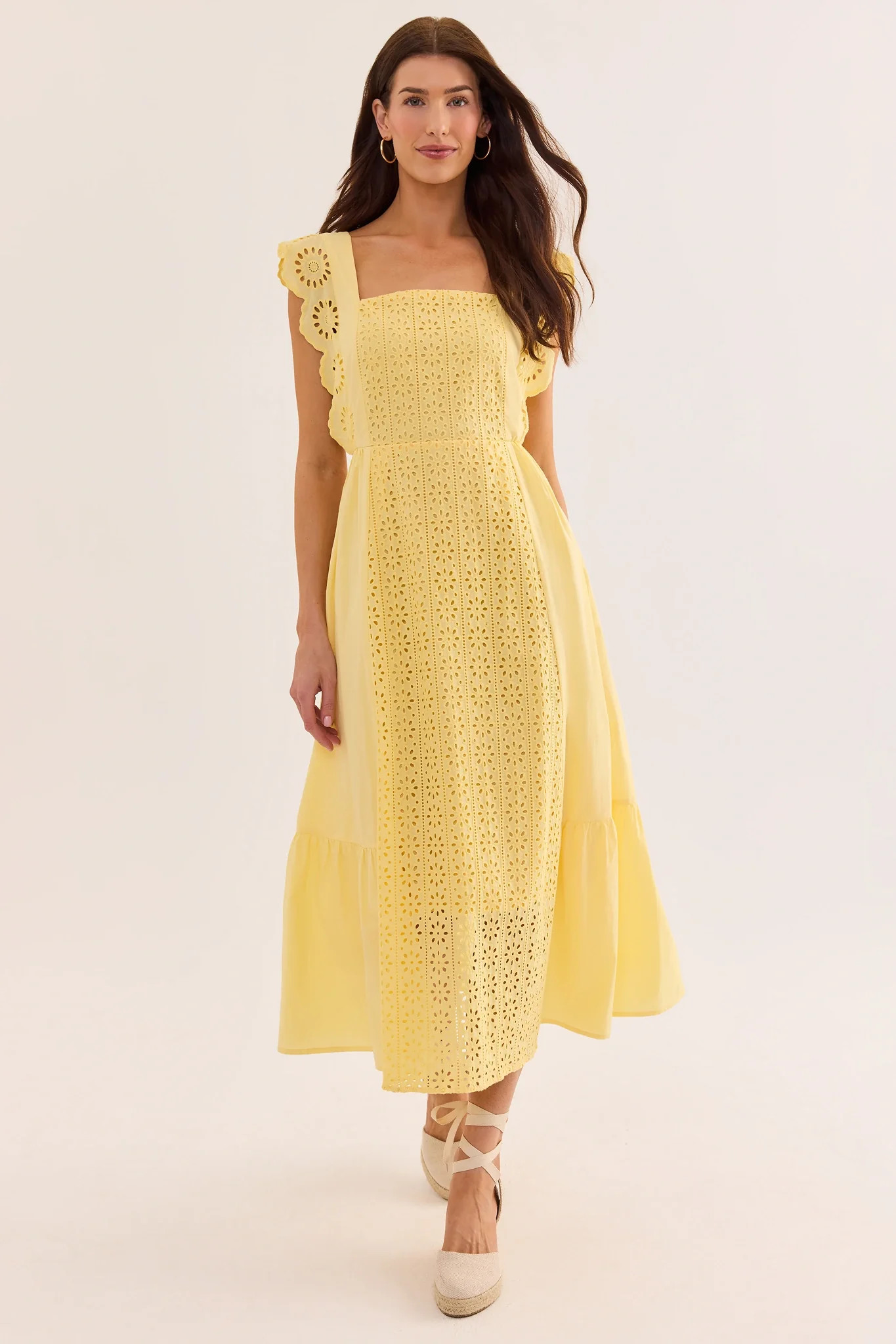 Yellow Eyelet Flutter Sleeve Midi Dress | Avara