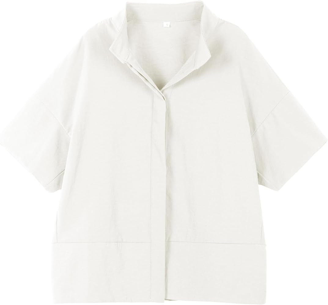 Ainangua Women Casual Button Down Shirts Oversized Short Sleeve Stand Collar Tops Trendy Work Blo... | Amazon (US)