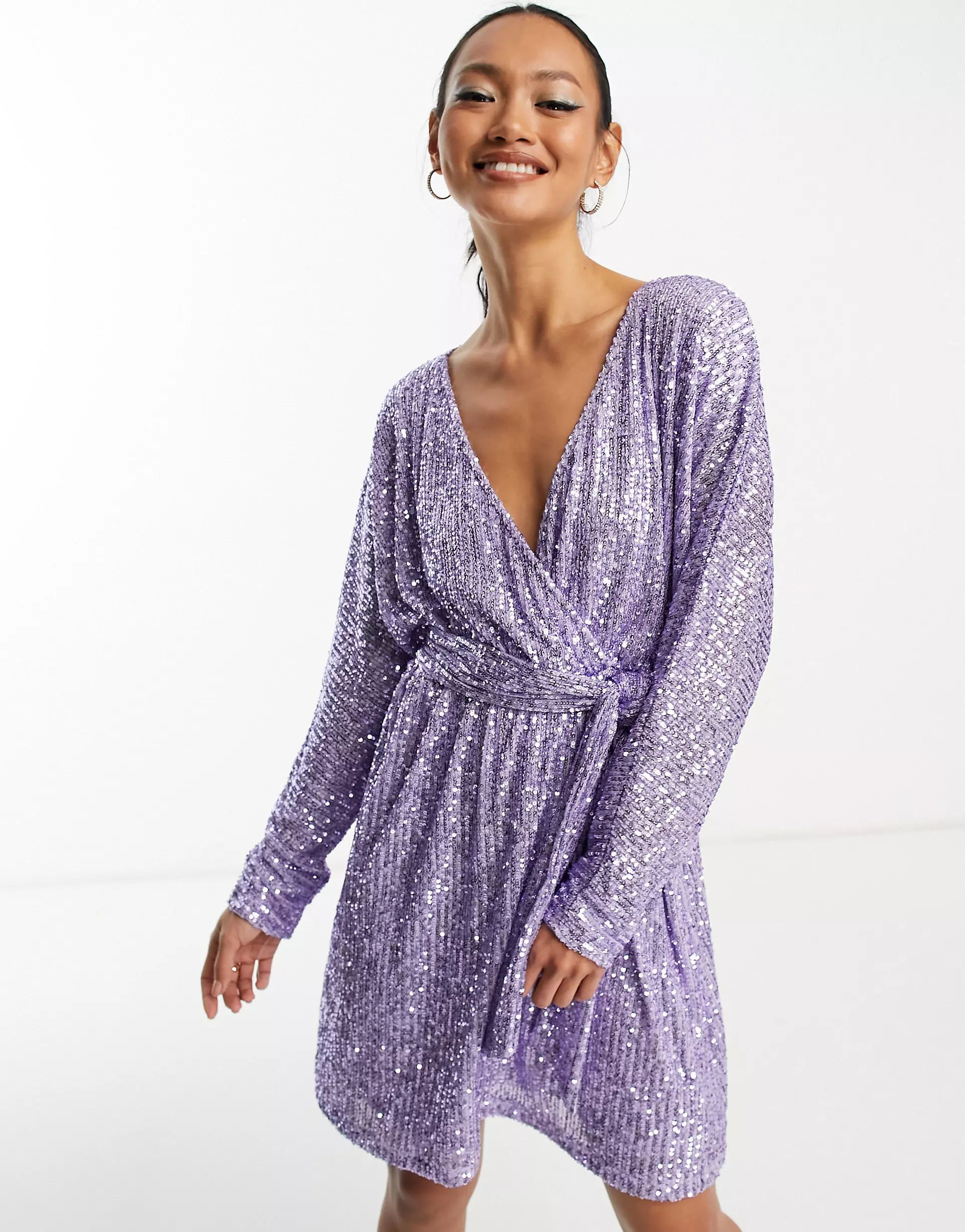 ASOS DESIGN sequin wrap mini dress with belt in lilac | ASOS (Global)