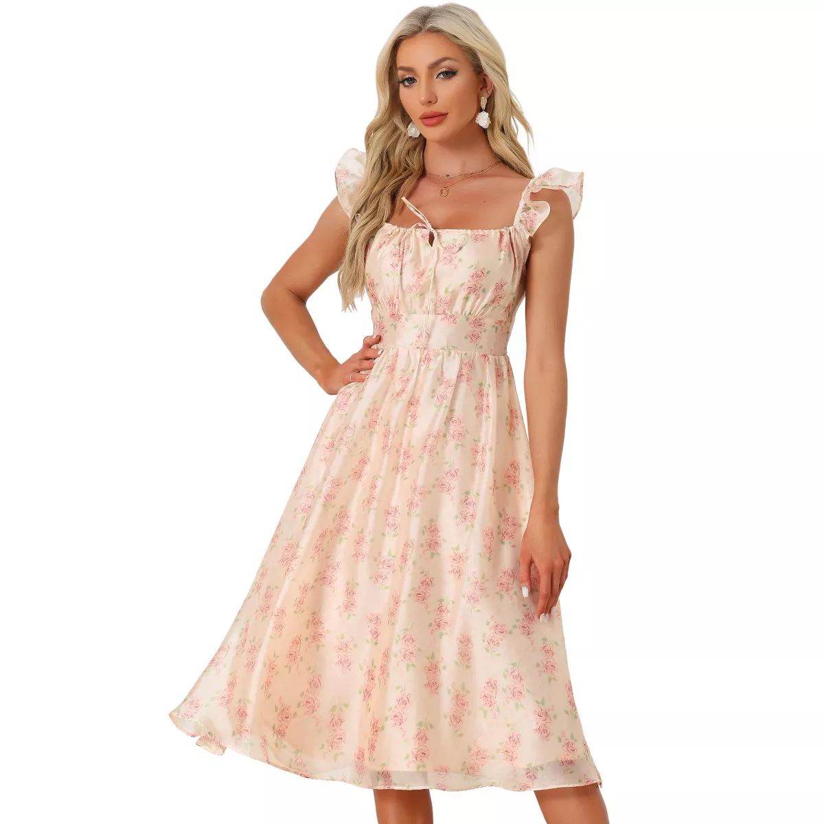 Allegra K Women's Floral Ruffle Smocked Back Sleeveless Square Neck Midi Dress Light Pink X-Small | Target