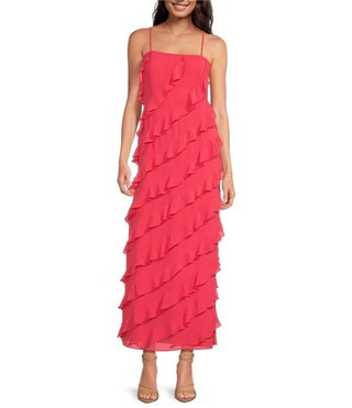 Gianni Bini Taylor Chiffon Straight Neckline Sleeveless Ruffle Long Dress | Dillard's | Dillard's