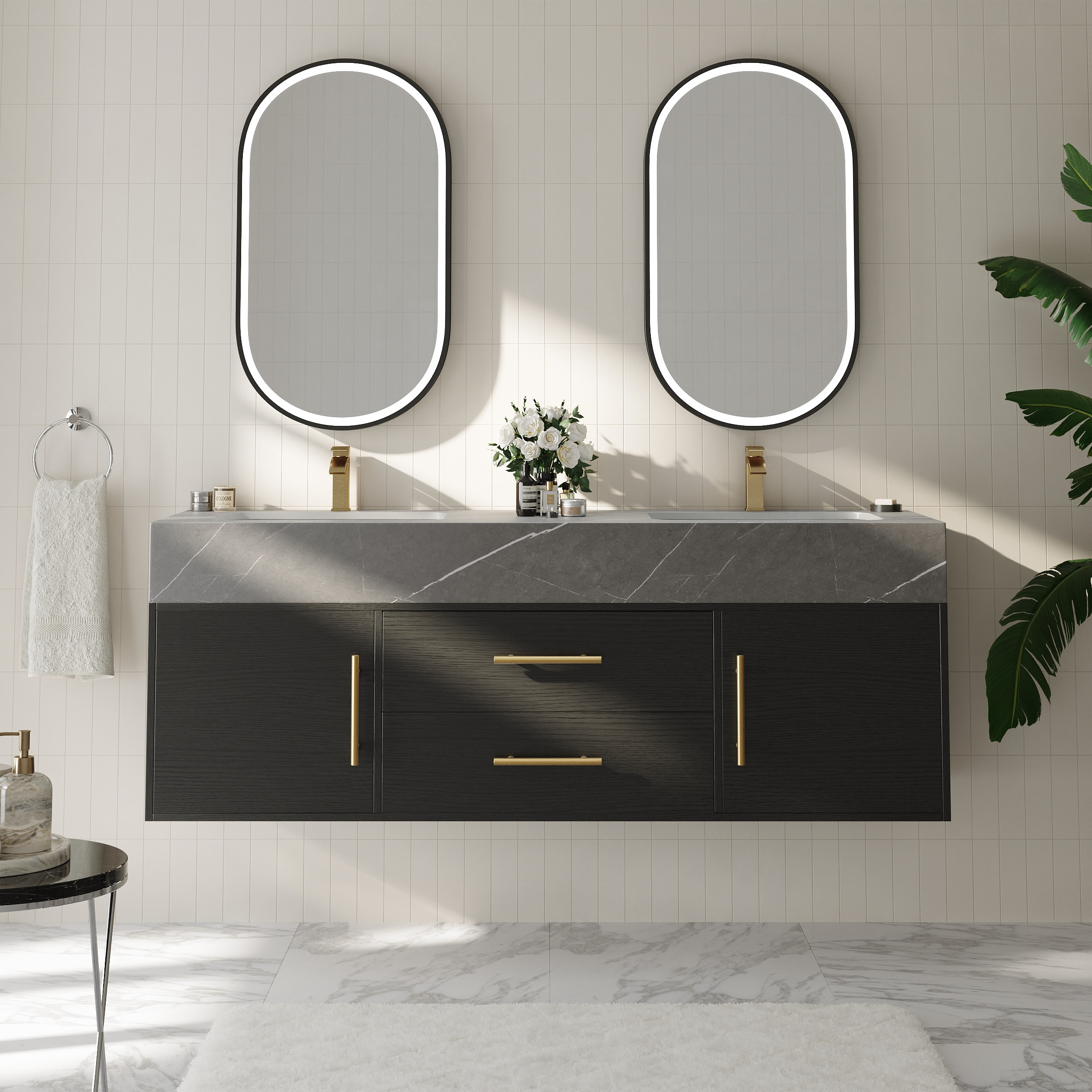 59"" Black Double Sink Bathroom Vanity with Brushed Gold Handles Floating Design | Homary