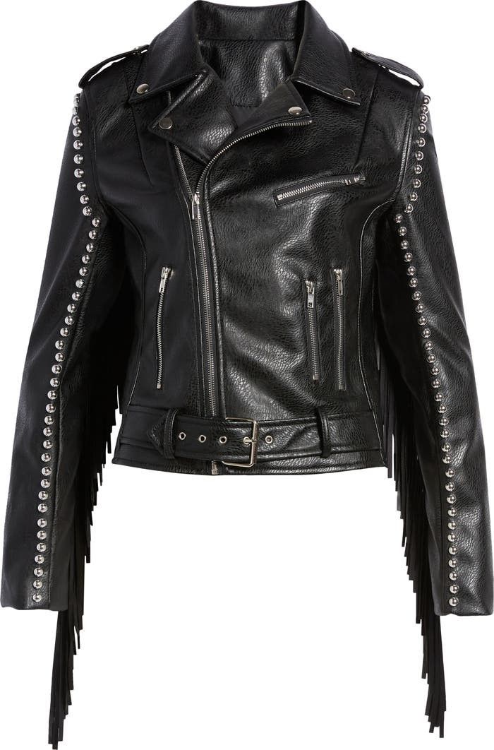 AZALEA WANG Fringe Faux Leather Moto Jacket Black Biker Jacket Fall Outfits 2022 Work Wear | Nordstrom