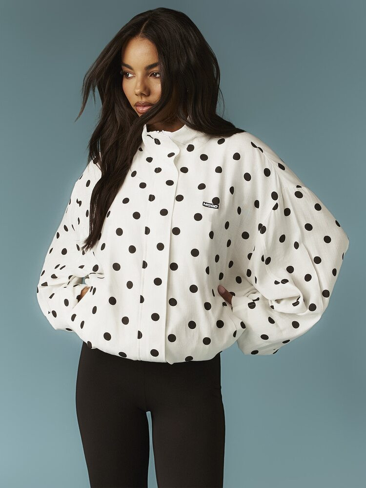 NEWMISSGUIDED Polka Dot Funnel Neck Linen Feel Zip Up Lightweight Jacket With Branded Details Spr... | SHEIN
