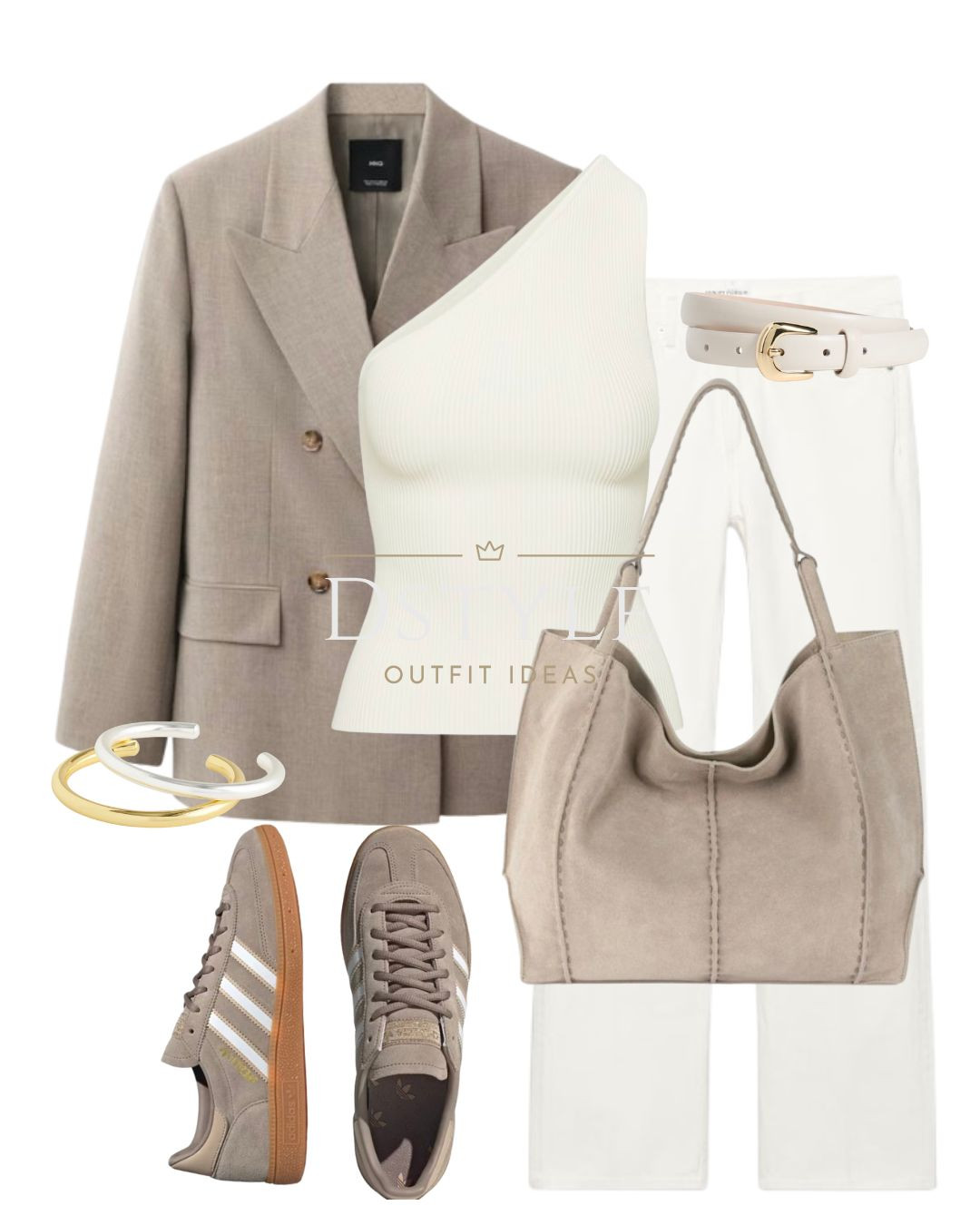  
Medium brown blazer, sculpt knit one-shoulder rib-knit top, white baggy jeans, sand suede tote bag, chalky brown Adidas Spezial.

#LTKStyleTip #LTKWorkwear