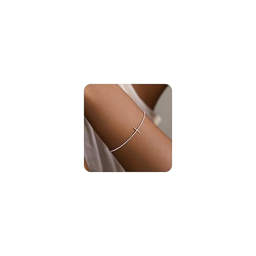 GoldGifts Dainty Cross Cuff Bracelet for Women, 14K Rose Gold Plated Minimalist Simple Open Bangle, Thin Wire Lightweight Non Tarnish Hypoallergenic Christian Faith Jewelry | Amazon (US)