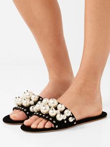 Women Summer Sandal Pearl Beading Nubuck Black Flat Slippers | Milanoo US