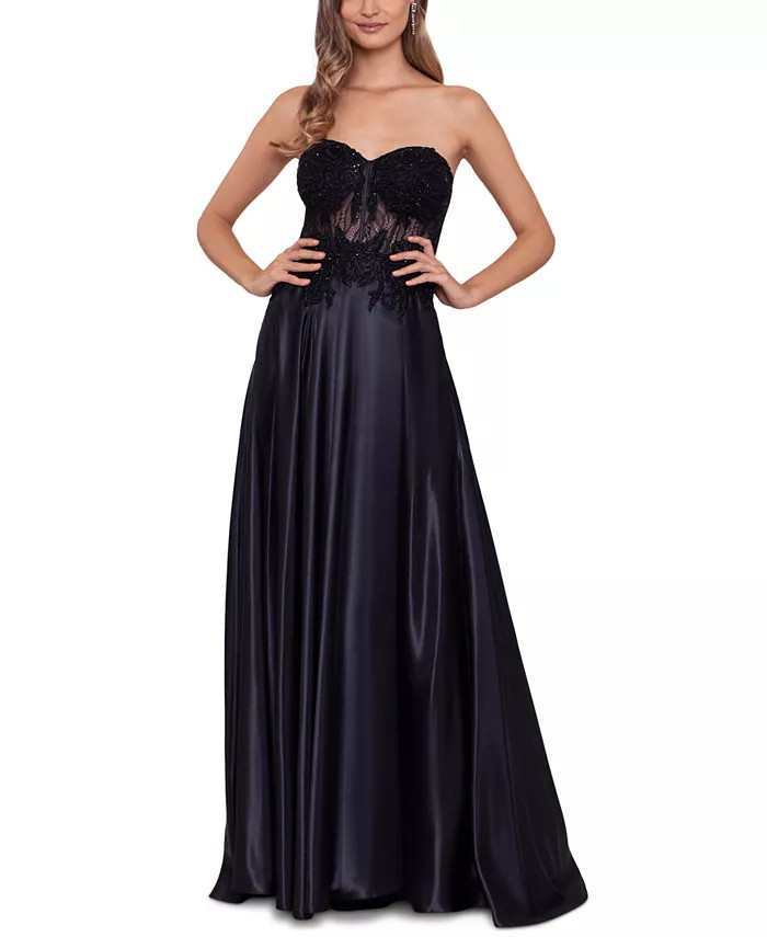 Juniors' Illusion Appliqué Charmeuse Gown, Created for Macy's | Macy's