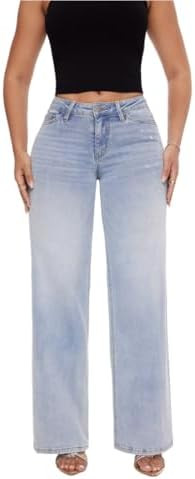 ONESO Mid-Low Rise Baggy Jeans Wide Leg for Women Distressed Pants Stretchy Bottom Lady Basic Com... | Amazon (US)