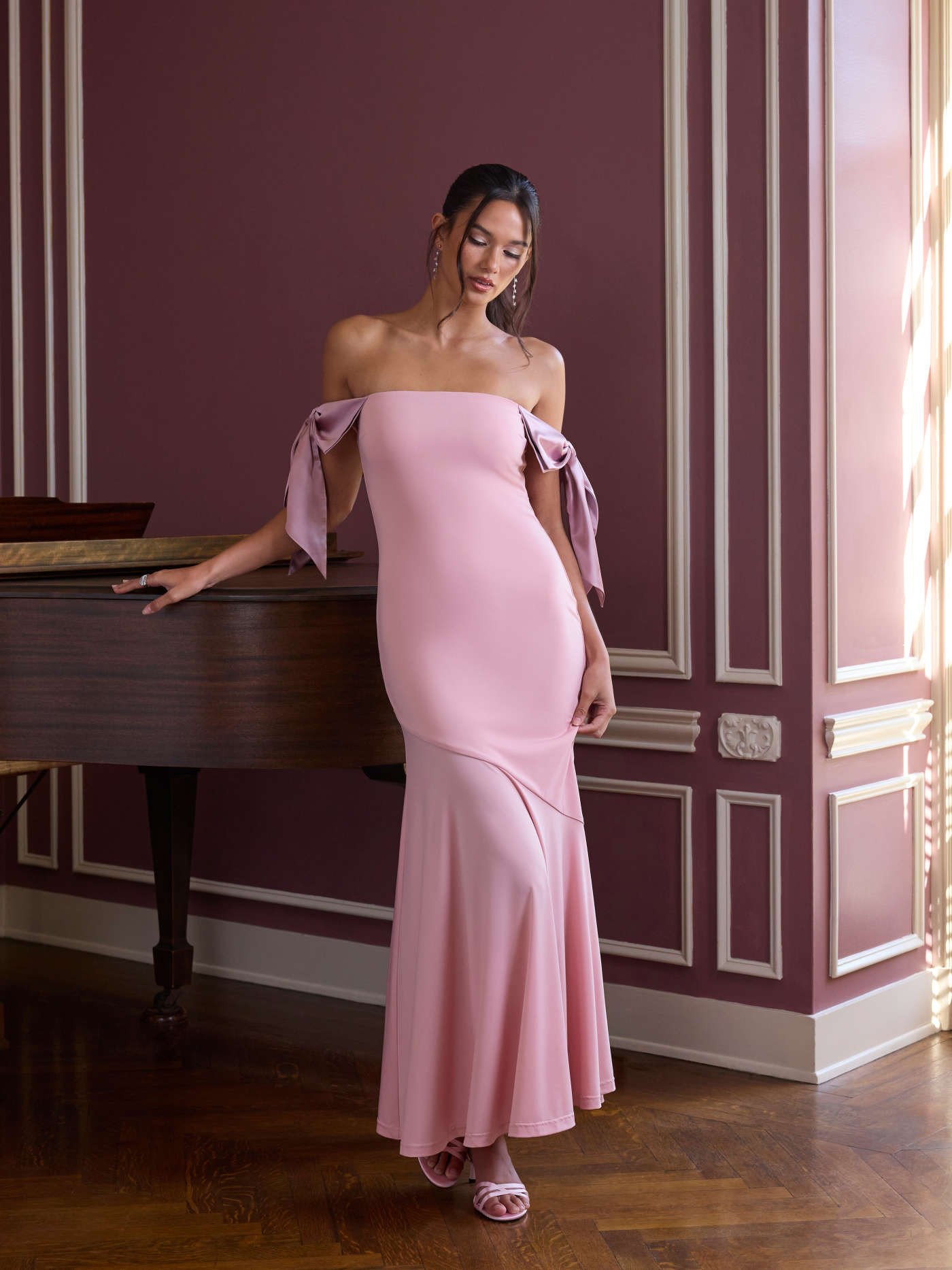 Knit Fabric Off-Shoulder Bowknot Mermaid Maxi Dress For Date Party/Clubbing | Cider