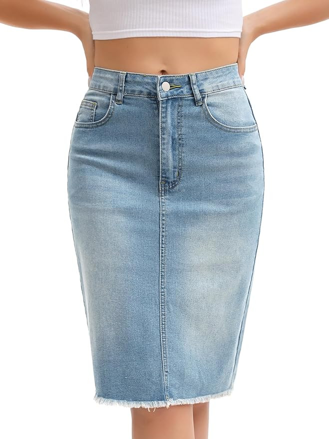 Women's Denim Skirt High Waist Raw Hem Pockets Stretch Bodycon Pencil Skirt Knee Length Jean Skir... | Amazon (US)