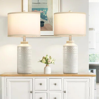 Ceramic Table Lamps Set Of 2 With White Fabric Shade, Modern Bedside Nightstand Lamps For Living Room Or Bedroom, Bulbs Included | Wayfair North America