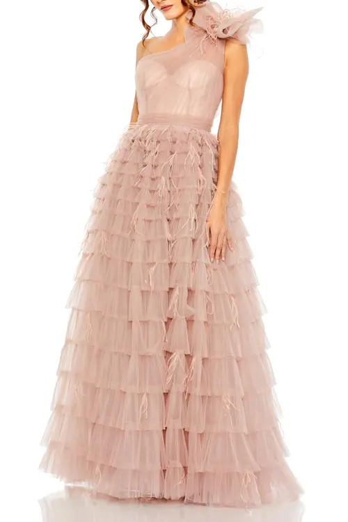 Mac Duggal One Shoulder Faux Bow Feather Tiered A Line Gown in Dusty Rose at Nordstrom, Size 10 | Nordstrom
