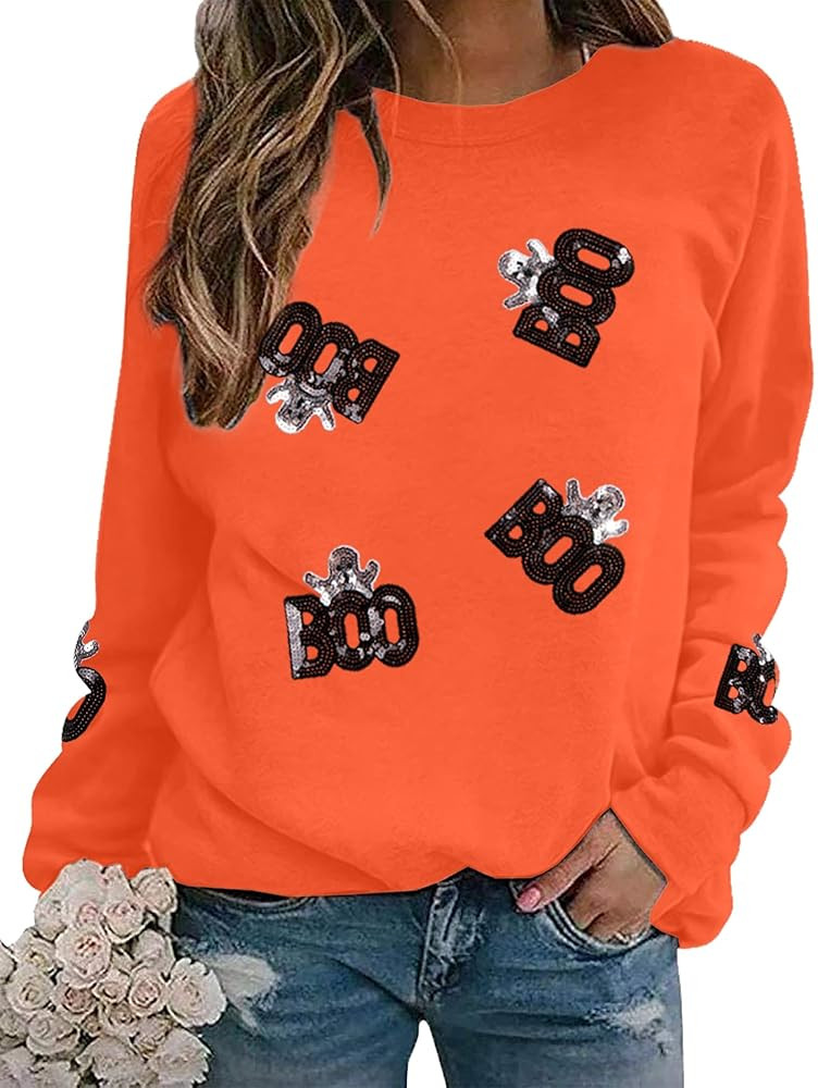 KIDDAD Halloween Boo Sweatshirts Women Ghost Sequin Pullover Tops Funny Spooky Season Long Sleeve... | Amazon (US)