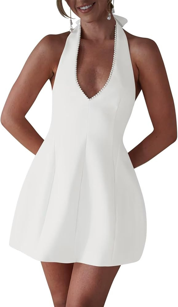 Satin Short Homecoming Dresses for Women Mini Halter Simple Prom Dress A-line Cocktail Gown | Amazon (US)
