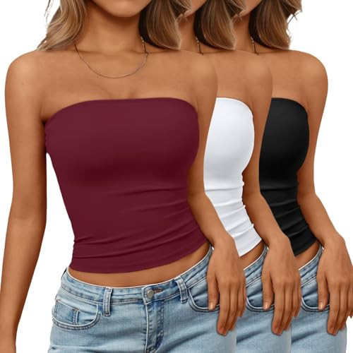 Trendy Queen Womens 3 Pack Strapless Backless Tube Tops Sleeveless Going Out Crop Bandeau Tops Cute Summer Clothes 2026 Black,White,Burgundy M | Amazon (US)
