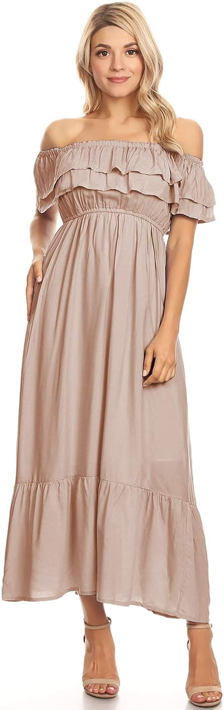 Anna-Kaci Womens Boho Peasant Ruffle Stretchy Short Sleeve Long Dress | Amazon (US)