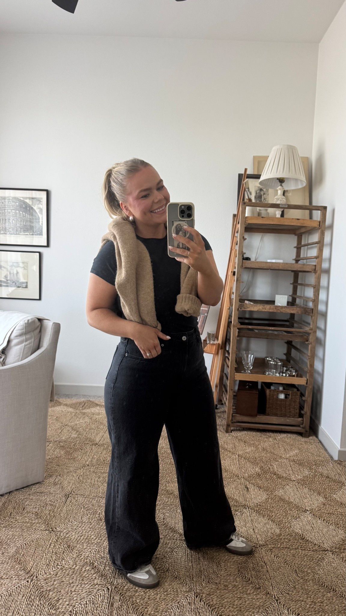 Casual Friday. I’m in size L is T-shirt (I sized up for extra fabric) and size 29R in jeans! The brown sweater is in size M .