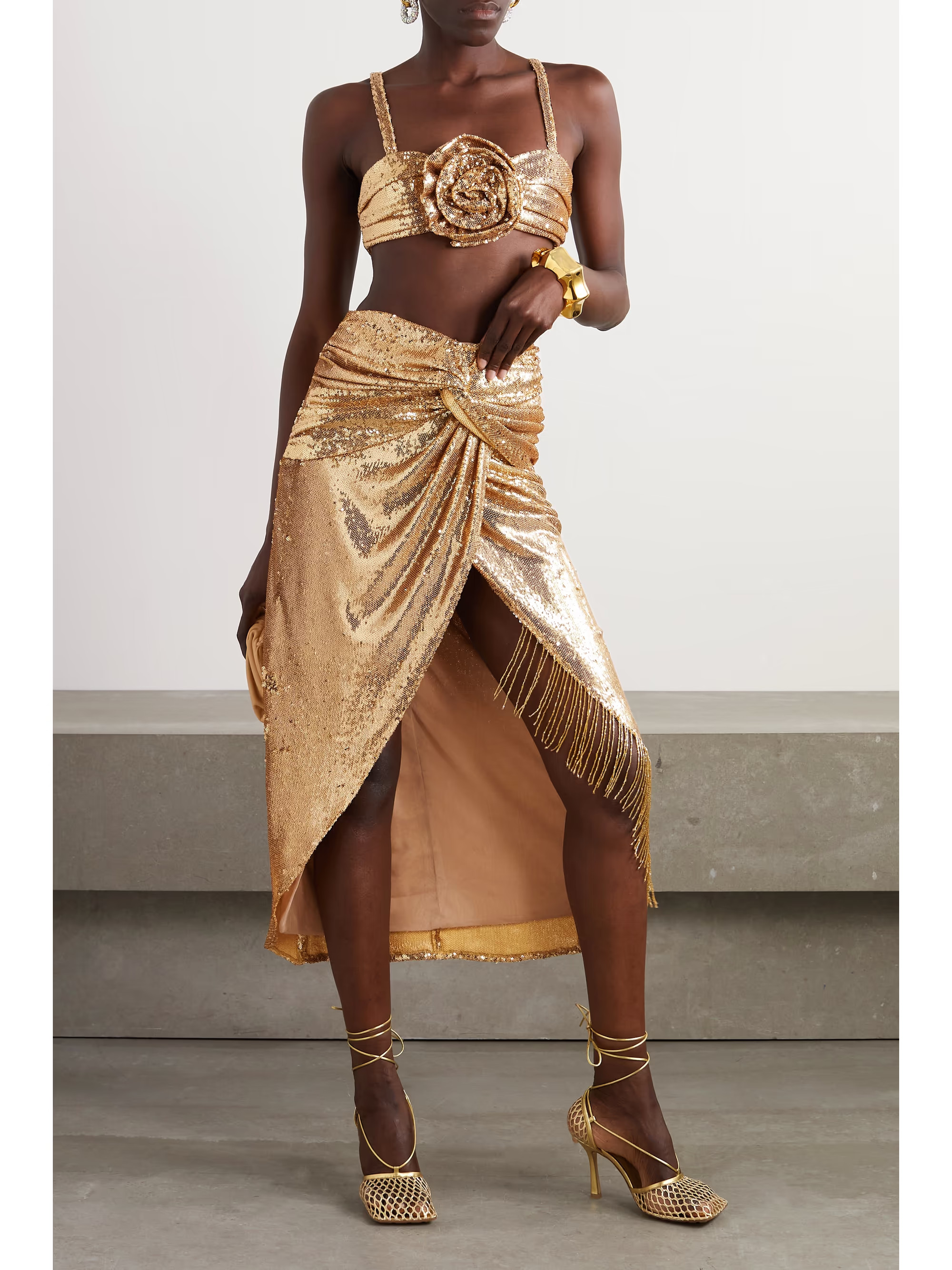 Fringed draped sequined satin midi skirt | NET-A-PORTER (US)