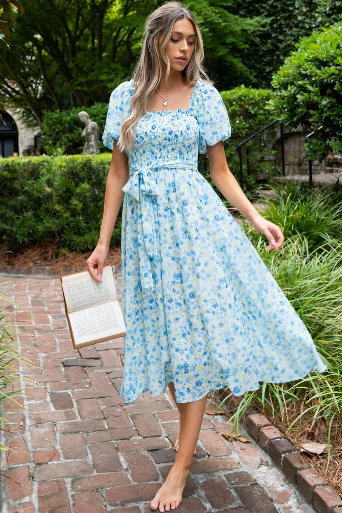 Grow Freely Blue Floral Print Midi Dress | Red Dress 