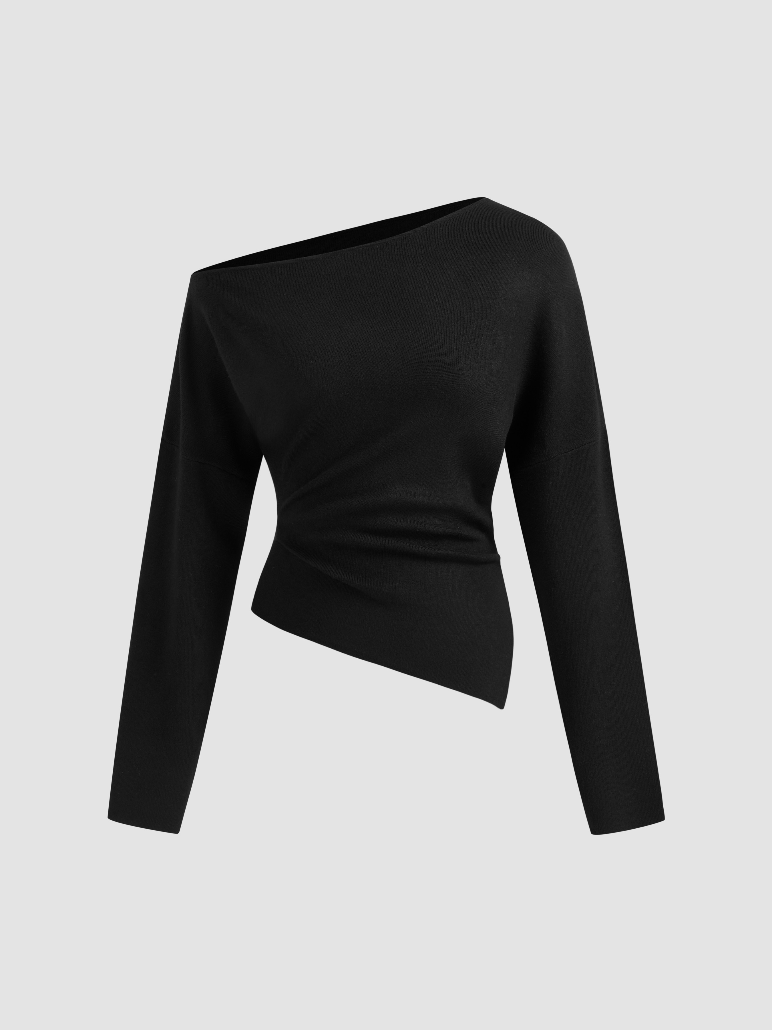 Knit Fabric Knit Asymmetrical Neck Solid Ruched Long Sleeve Top For Work | Cider