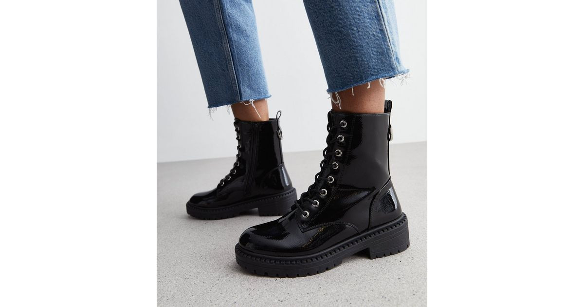 Black Patent Lace Up Biker Boots | New Look | New Look (UK)