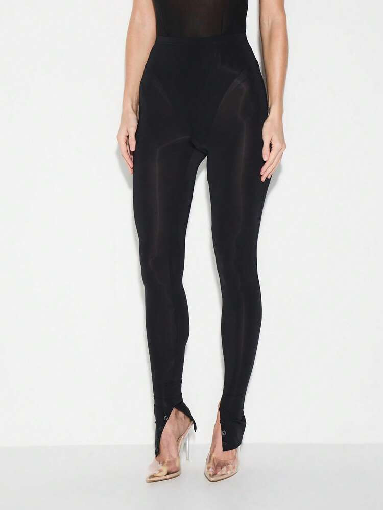 KIZN High Rise Mesh Panel Button Detail Leggings With Sheer Cutout Design And Stirrup Foot Straps | SHEIN