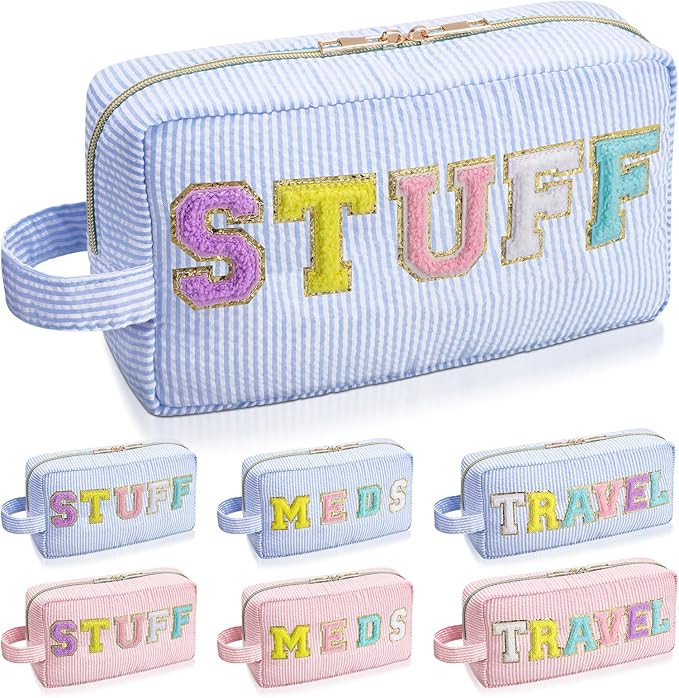 Chenille Letter Makeup Bag, Preppy Makeup Bag Stuff Cute Blue Cosmetic Bag Portable Patch Travel ... | Amazon (US)