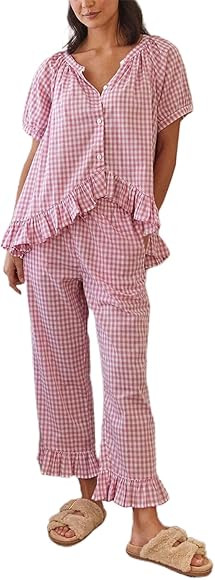 Argeousgor Women Plaid 2 Piece Pajama Set Button Down Puff Sleeve Babydoll Shirt Gingham Pants Pj... | Amazon (US)