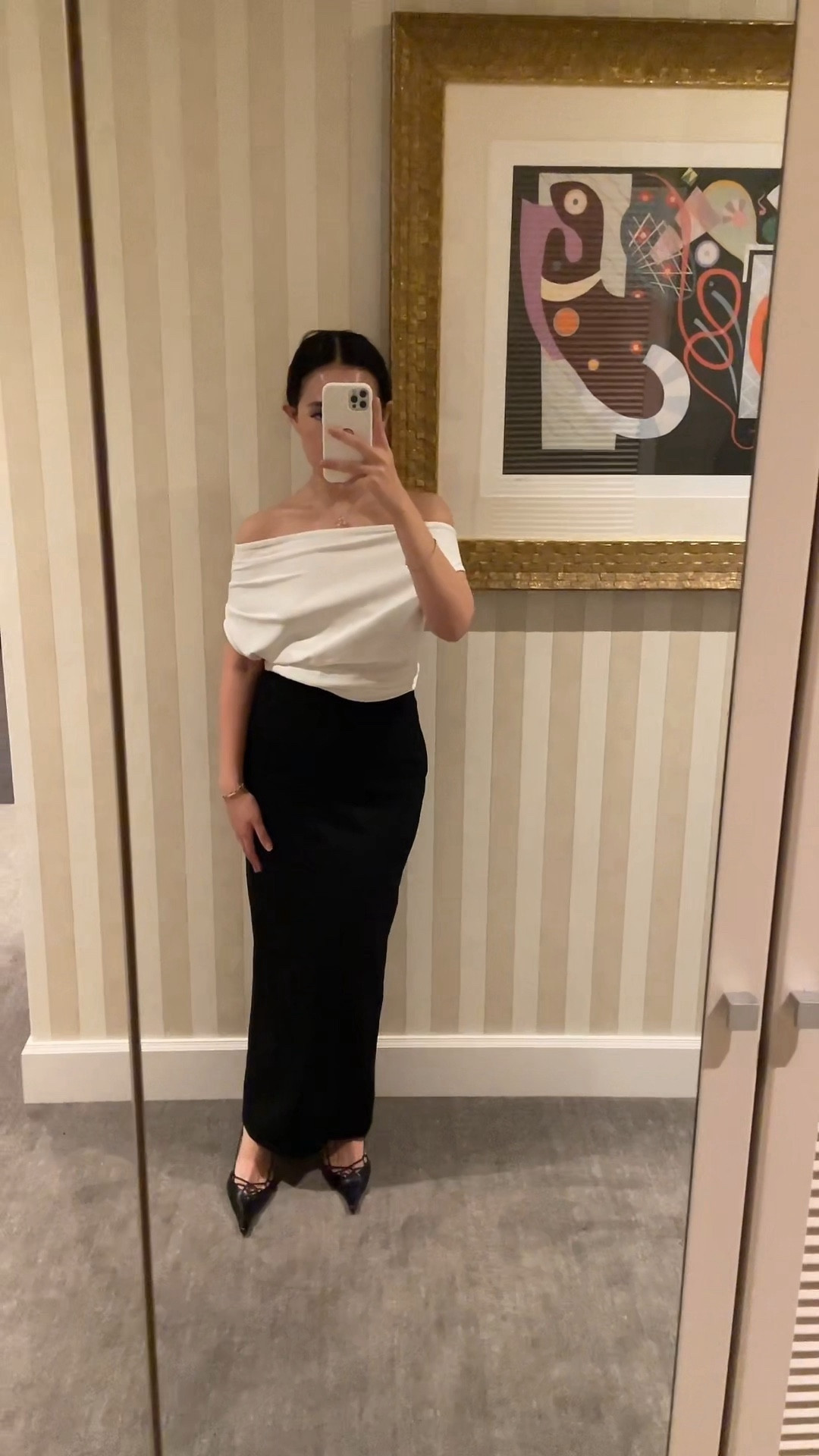 draped off shoulder top with maxi wool skirt and kitten mules

date night outfit, brunch outfit, boxing day outfit 🤍🖤

#LTKstyletip #LTKeurope #LTKparties