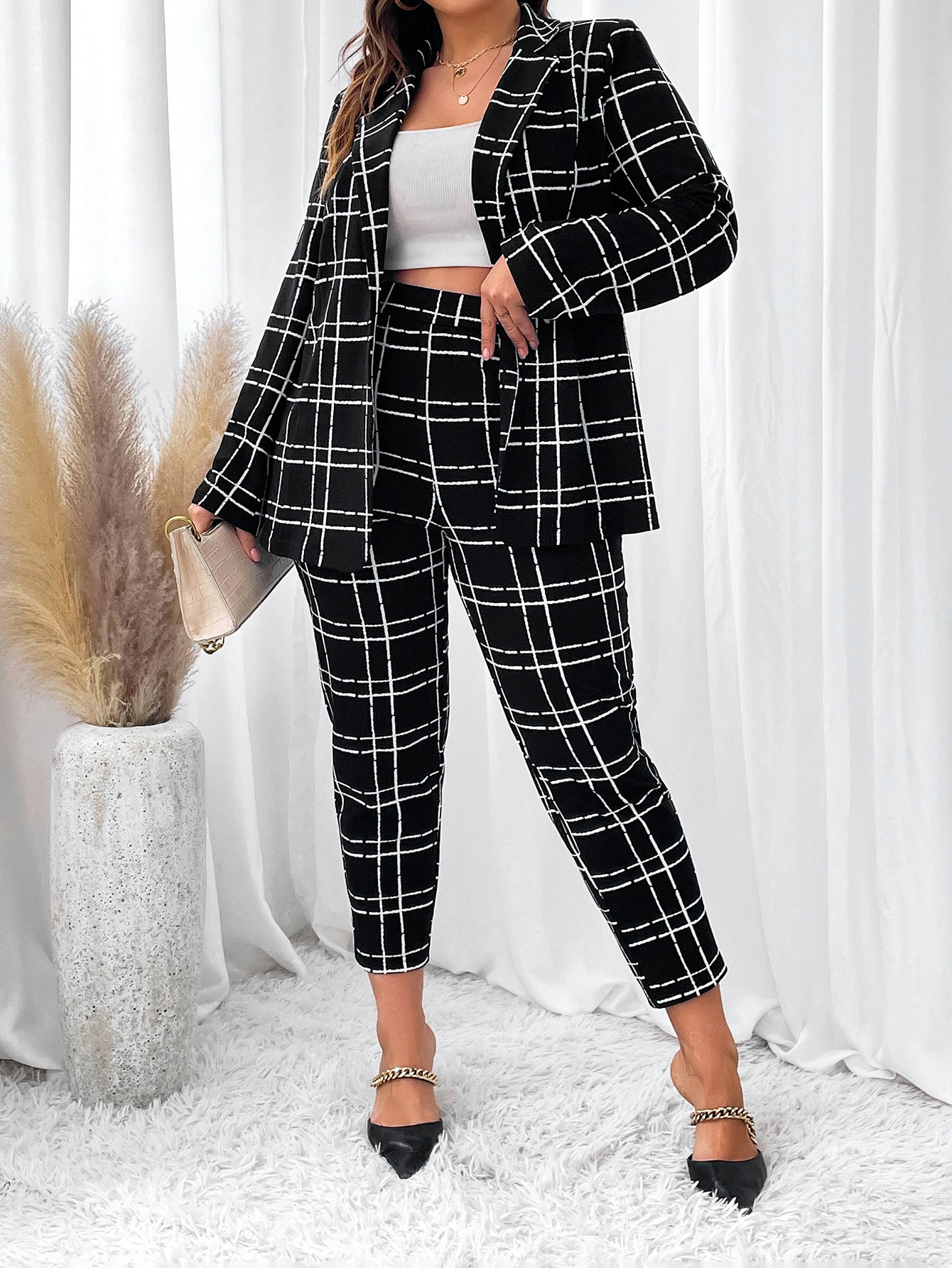 SHEIN Clasi Plus Plaid Print Blazer & Pants | SHEIN