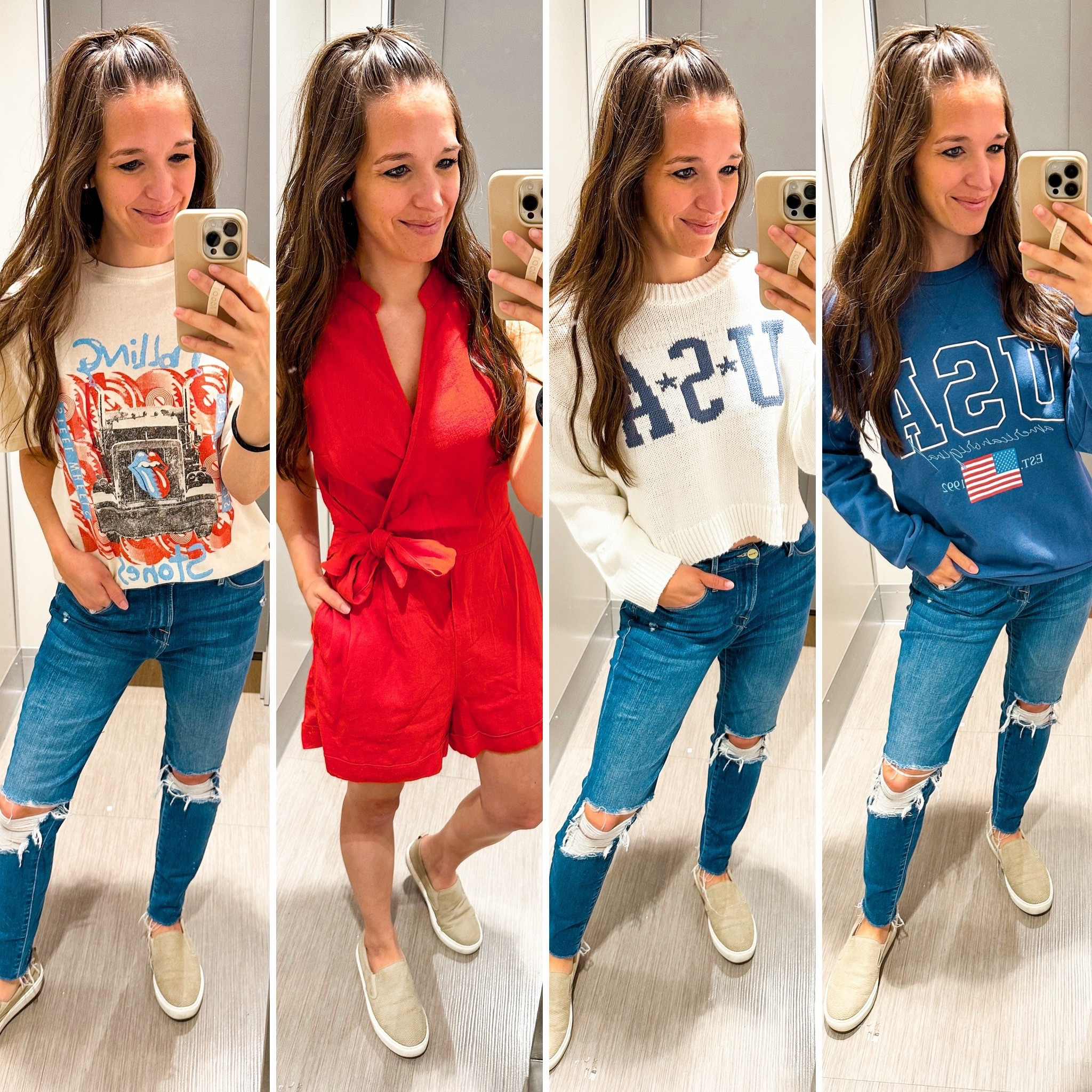 Target Memorial Day outfit ideas! 
Tee small 
Romper XS 
Use sweater small 
Use sweatshirt xs 

#LTKStyleTip #LTKFindsUnder100 #LTKFindsUnder50