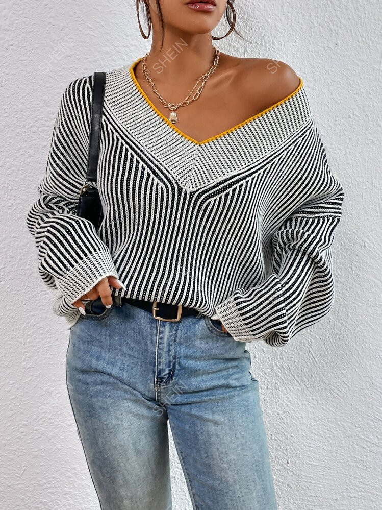 SHEIN Privé Vertical Stripe Pattern Drop Shoulder Sweater | SHEIN