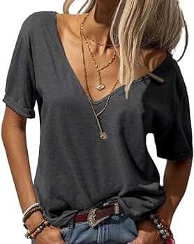 Danedvi Women Fashion Deep V-Neck Short Sleeve Tops Solid Casual Loose Basic T Shirt | Amazon (US)