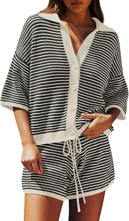 Saodimallsu Womens Short Sets 2 Piece Outfits Summer Half Sleeve Knit Cardigan High Waisted Short... | Amazon (US)
