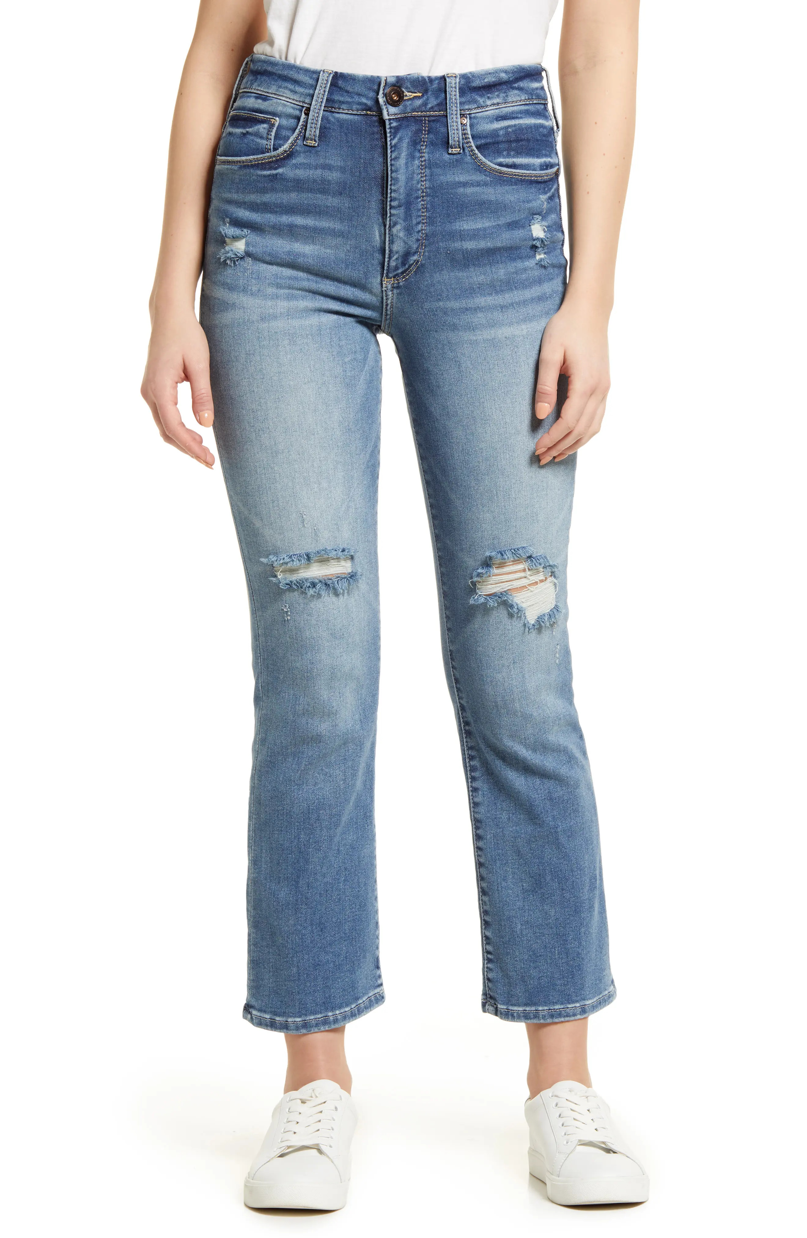 Whetherly Charlie Distressed High Waist Kick Flare Jeans in Medium Lomond at Nordstrom, Size 24 | Nordstrom