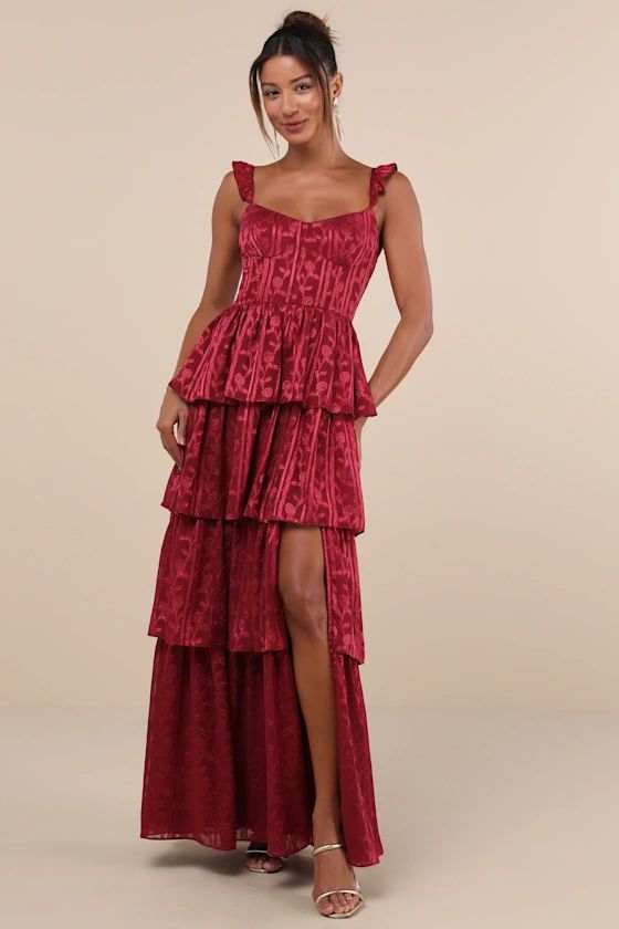 Stunning Glory Wine Red Floral Jacquard Tiered Maxi Dress | Lulus