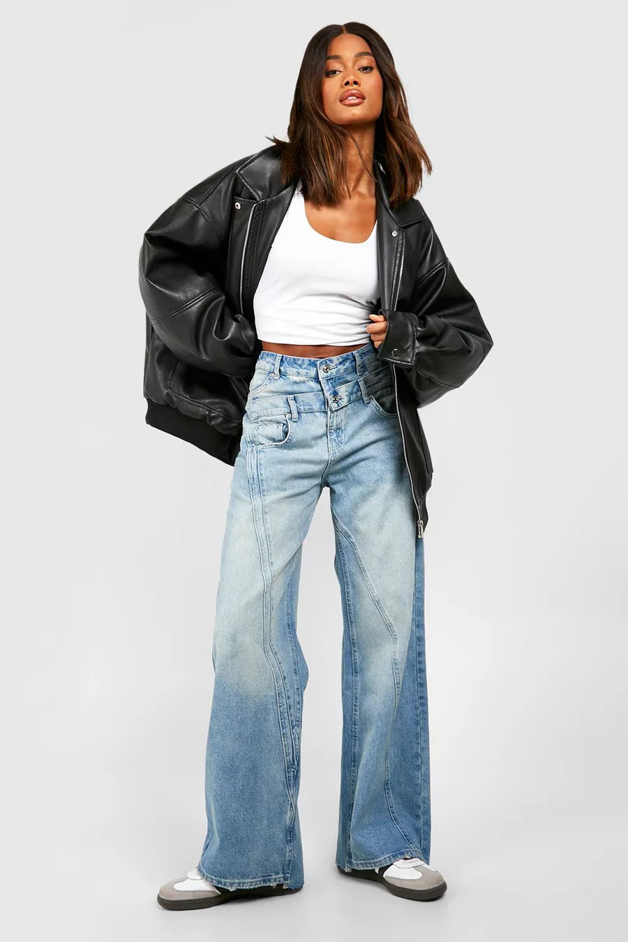 Double Waistband Detail Straight Leg Jeans | boohoo (US & Canada)