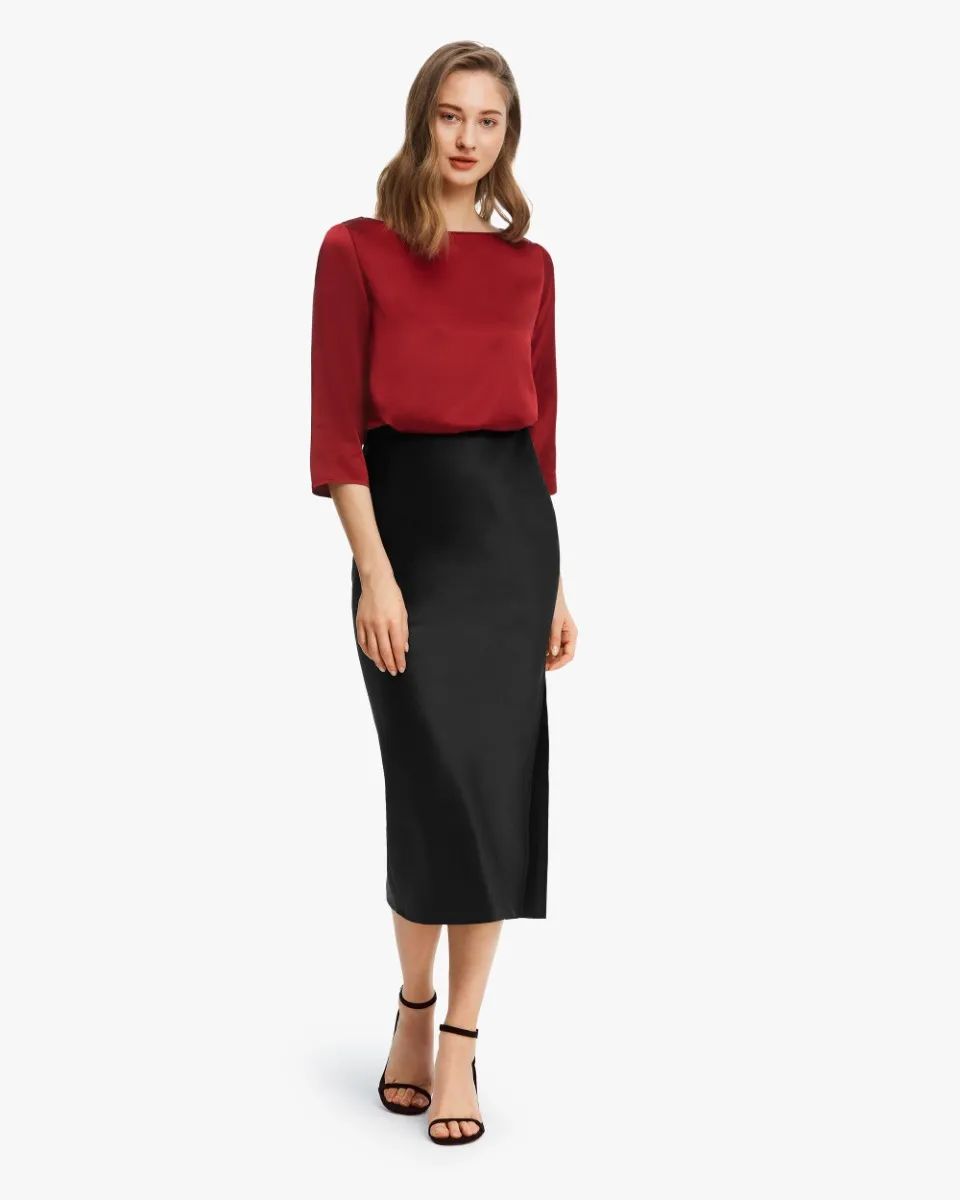 Flattering Side Slit Silk Midi Skirt | LilySilk