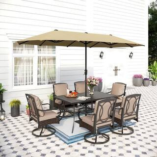 8-Piece Metal Outdoor Dining Set with CushionGuard Beige Cushions Wicker Swivel Rockers and Beige Umbrella | The Home Depot