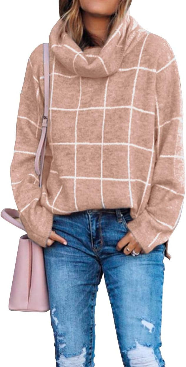 KIRUNDO 2020 Winter Women’s Turtleneck Knit Sweater Long Sleeves Pullover Plaid Side Split Chec... | Amazon (US)