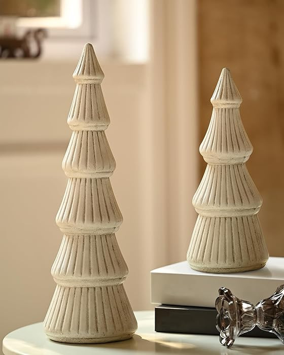 WONDROUS' DECO Wooden Christmas Tree Figurine Decor, Set of 2 White Christmas Tree Table Centerpi... | Amazon (US)