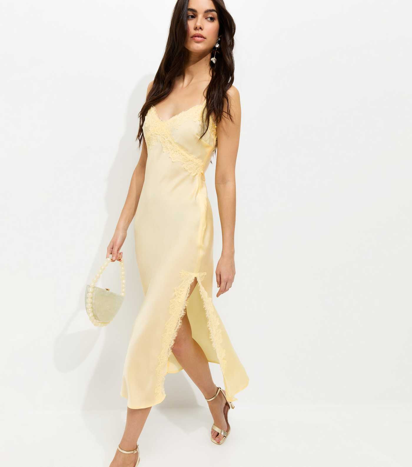 Light Yellow Lace Trim Slip Strappy Midi Dress | New Look | New Look (UK)
