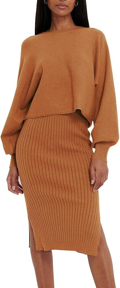 Pink Queen Women's 2 Piece Sweater Outfit Sets Puff Long Sleeve Knit Top and Bodycon Slit Midi Sk... | Amazon (US)