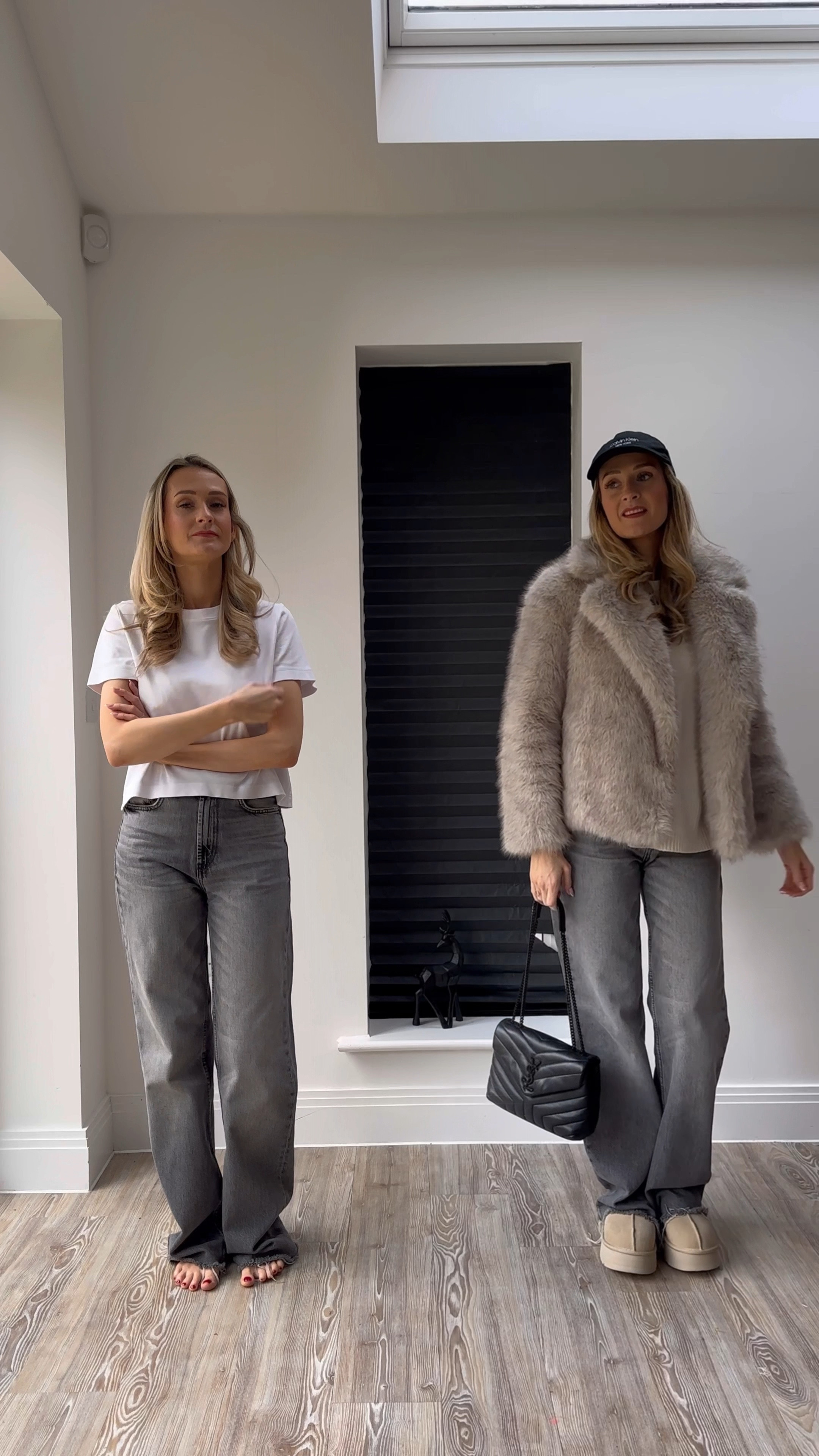 An easy outfit formula for winter when you don’t know what to wear and three ways to style it. A pair of wide leg jeans and a white tee as the base layer. A crew neck knit to layer up, the white t shirt showing adds interest and a layer of warmth. Then a coat and shoes of your choice. It looks good with Uggs , trainers or boots and any coat or over sized blazer 🤍 

#LTKgrwm #LTKwinter #LTKuk